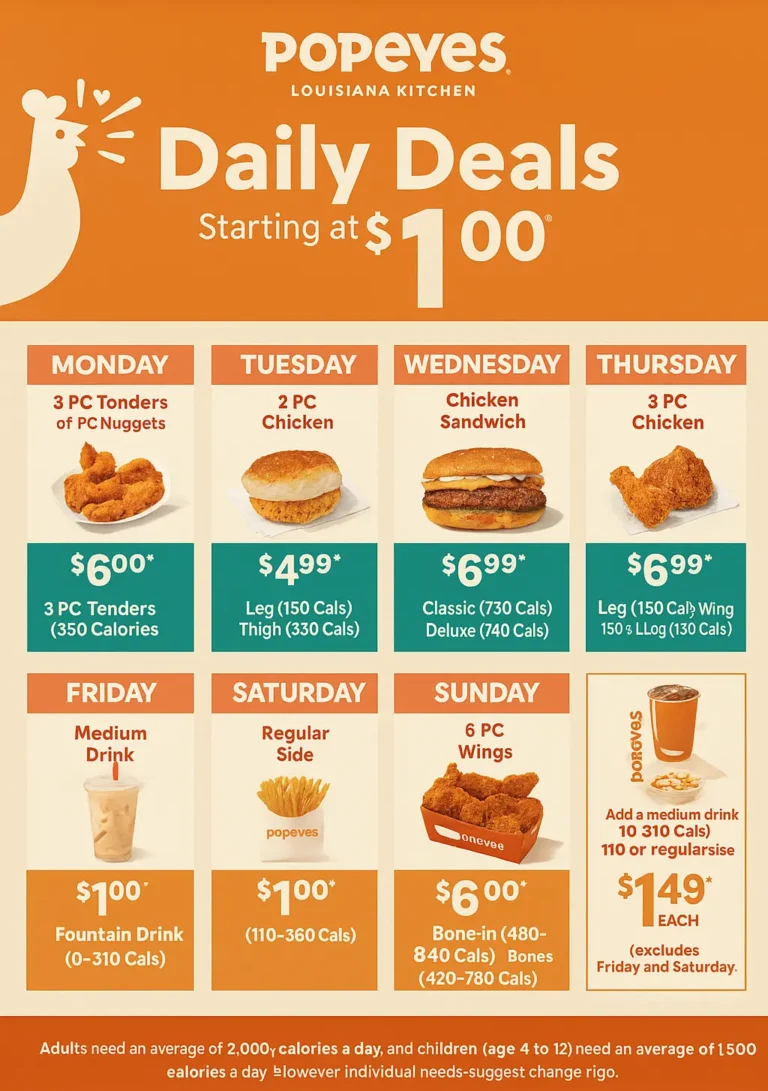 Popeyes Daily Specials 2026 & $10 Tuesday Special Prices 4 Popeyes Daily Special Meal Deals
Popeyes Daily Deals promotional poster showing special food items for each day of the week, with prices starting at $1.00.
Monday: 3 PC Tenders or Nuggets for $6.00 (350 Calories).
Tuesday: 2 PC Chicken (leg and thigh) for $4.99 (150–330 Calories).
Wednesday: Chicken Sandwich for $6.99 (Classic 730 Cals, Deluxe 740 Cals).
Thursday: 3 PC Chicken (leg, wing, and leg) for $6.99 (430 Cals).
Friday: Medium Fountain Drink for $1.00 (0–310 Cals).
Saturday: Regular Side for $1.00 (110–360 Cals).
Sunday: 6 PC Wings for $6.00 (Bone-in 480–840 Cals, Boneless 420–780 Cals).
Additional offer: Add a medium drink (110–310 Cals) or regular side for $1.49 each, excluding Friday and Saturday.