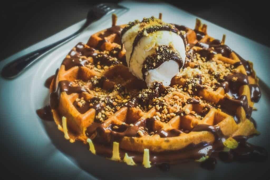 waffles with chocolate syrup