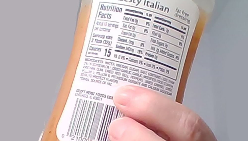 ingredients label on a salad dressing bottle